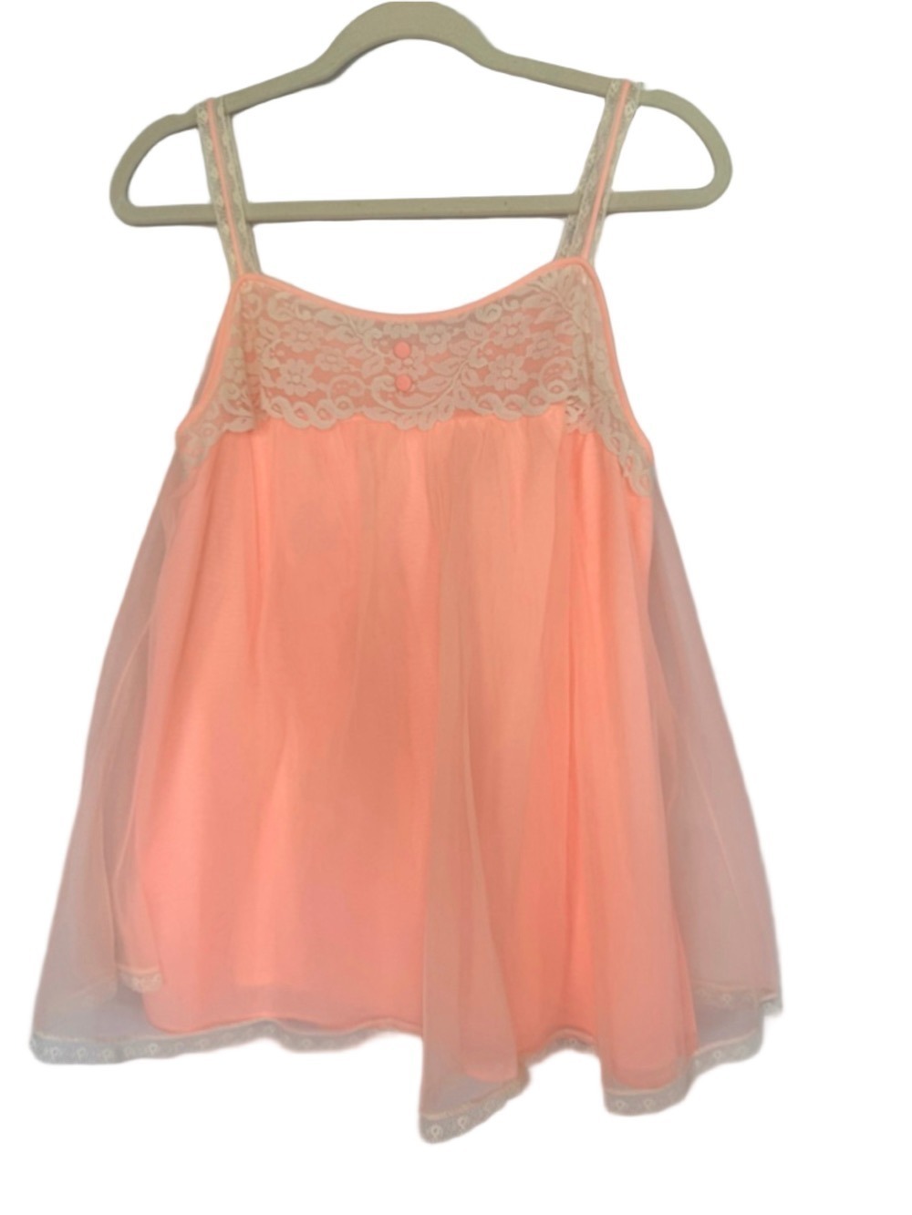 Vintage Chiffon Babydoll Nightie Tank Top Small-Medium Lace Sheer Peach Pink